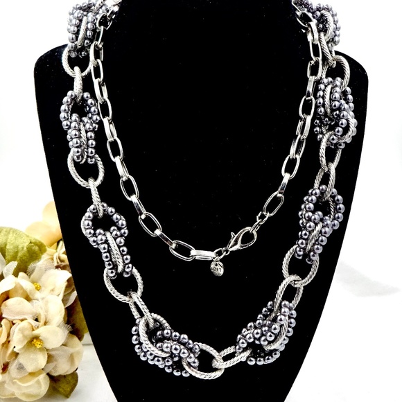 ANN TAYLOR LOFT Silver Beaded Necklace 36" Long - Picture 1 of 8